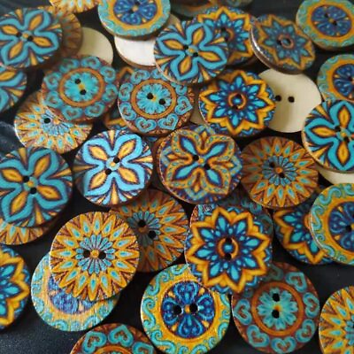#ad 400 Pcs Wooden Buttons Mixed Random Blue Flower Painting Round 2 Holes Wood W...