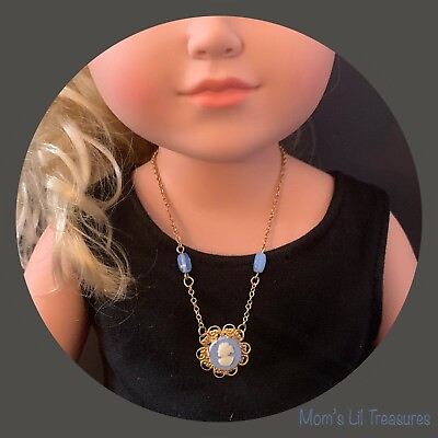 #ad 18 Inch Fashion Doll Jewelry • Blue Cameo Gold Filigree Necklace for 18” Doll