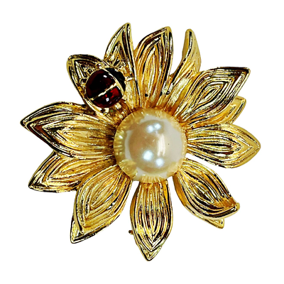 #ad Vintage Signed AK Klein Gold Tone Textured Flower Faux Pearl Ladybug Brooch Pin
