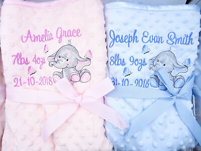 Personalised Baby Blanket Embroidered Elephant Birth Details Name Date Weight