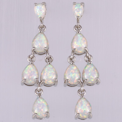 #ad 6x8 4x6 Pear White Fire Opal Cabochon Silver Jewelry Drop Pierced Earrings