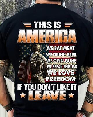 #ad US Veteran This Is America We Eat Meat Drink Beer Own Guns Tshirt Men