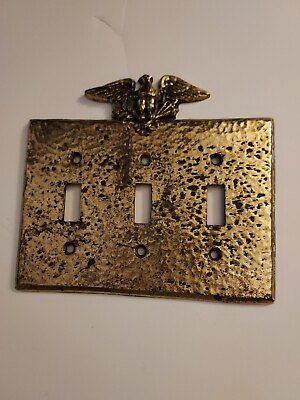 #ad VTG Hammered Textured Brass American Eagle 3 Switch Light Plate Cover
