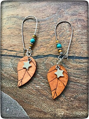 #ad NEW Wood Leaf Wooden Leaves Blue Bead Silver Colour Star Boho Bohemian Earrings