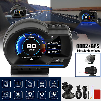 #ad HUD OBD2GPS Gauge Head Up Car Digital Display Speedometer RPM Alarm Temperature
