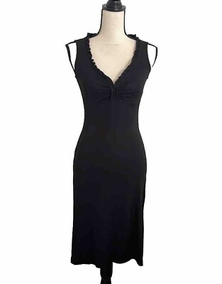 #ad BCBGMazAzria Black Ruffle Ruched Sweetheart Vintage Midi Bodycon Dress size XS