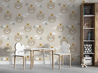 #ad 3D Cute Crown Bear Cloud Rain Wallpaper Wall Mural Peel and Stick Wallpaper 230