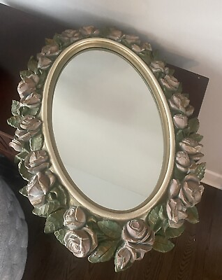 #ad Vintage Home Interiors Oval Mirror with Pink Roses Approx 27x19 MCM Shabby Chic