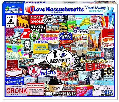 #ad White Mountain I Love Massachusetts Jigsaw Puzzle 1000 Piece NIB 24x30”