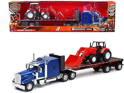 #ad Kenworth W900 Truck with Flatbed Trailer Blue Metallic with Farm Tractor Red quot;L