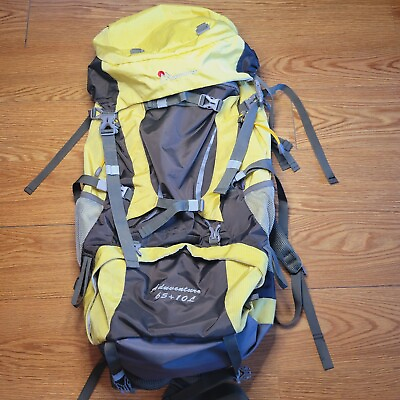 #ad MOUNTAINTOP Adventurer 65L 10L Internal Frame Hiking Backpack Yellow Gray