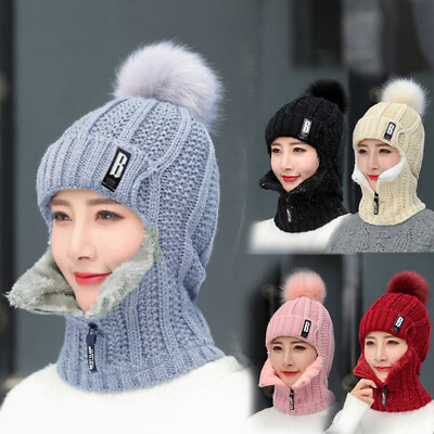 #ad Winter Warm Women Beanie Hat Scarf Neck Cover Windproof Plush Knitted EarflapCap