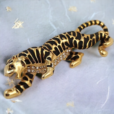 #ad Long Tiger Jaguar Figural Brooch 3quot; Rhinestones Gold Black Tone Vintage Cat Pin