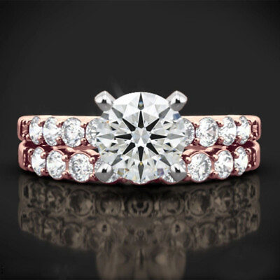 #ad Rose Gold Ring Set Round Cut Diamond Wedding 1.20 Carat IGI GIA Lab Created 14K