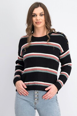 #ad Hippie Rose Juniors#x27; Button Shoulder Sweater Black Size Large