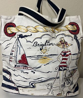 #ad Brighton Beach Bag Tote Navy Red Pattern Anchor Sailboat Poodle Cruise Purse