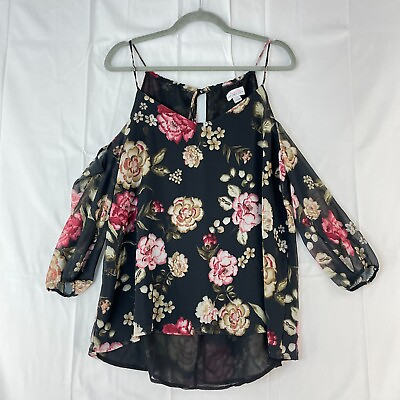 #ad Sweat Pea by Staci Frati Black Floral Print Top Womens Cold Shoulder Size Large
