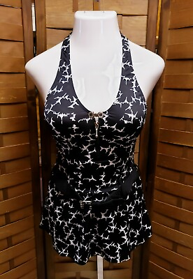 #ad New Shape Fix Halter One Piece Black White Belted Slimming Swimsuit Small Small