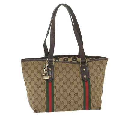 #ad GUCCI GG Canvas Web Sherry Line Tote Bag Beige Red Green 137396 Auth 59566