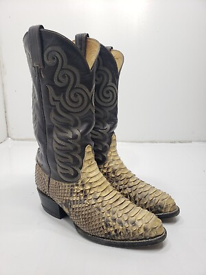 #ad Vintage Tony Lama Mens Boots Western Cowboy Python Snakeskin Leather Brown 8 EE