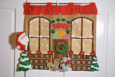 #ad Vtg Handmade Toy Shop Advent Countdown Calendar Felt Sequins 18 Wood Ornaments