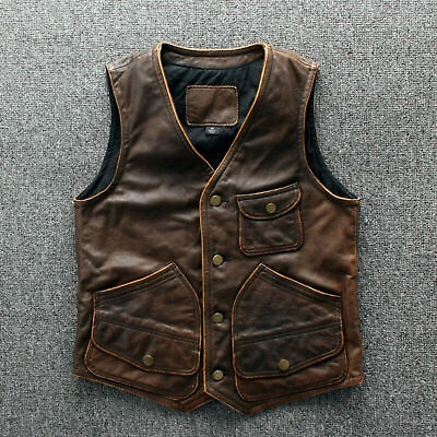 #ad Men#x27;s Real Leather Brown Waistcoat Punk Fashion Waxed Biker Retro Buttoned Vest