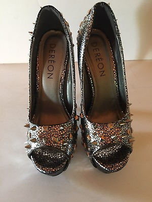#ad Dereon Womens High Heels Open Toe Black Silver Metallic With Studs Size 8