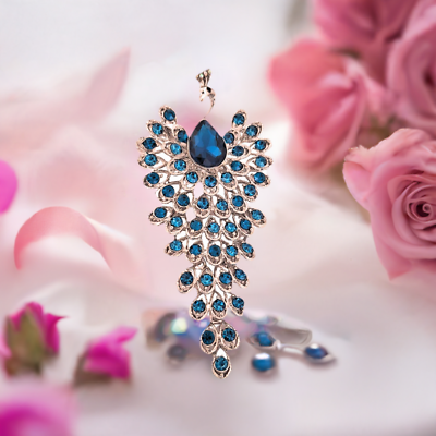 #ad Elegant Blue Peacock Rhinestone Brooch Pin Box Included