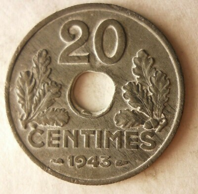 #ad 1943 VICHY FRANCE 20 CENTIMES Great Coin Free Ship Premium Vintage Bin #7