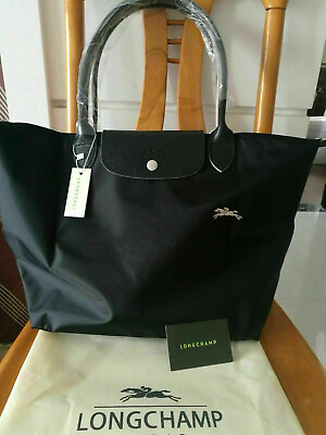 Longchamp Le Pliage Tote Bag 1899 Nylon Embroidery Horse Black Handbag Size L $59.99