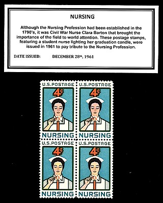 #ad 1961 NURSING Vintage Block of Four Mint U.S. Postage Stamps