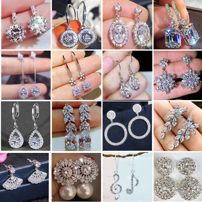 #ad Fashion 925 Silver Women Cubic Zircon Crystal Earrings Stud Drop Jewelry Gifts