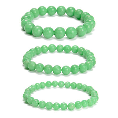 #ad Green Jadeite Jade Smooth Round Beads Bracelet 6mm 8mm 10mm 7.5#x27;#x27;Length 3PCS Set