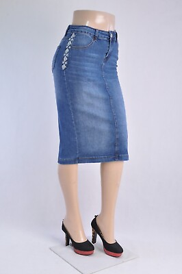 #ad Women 28quot; Calf length Skirt Stretch Denim no slit indigo wash size S M #WG 77513