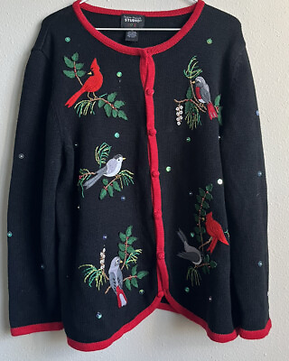 #ad Designer Original Studios Joy Christmas Birds Button Cardigan Sweater Women’s XL