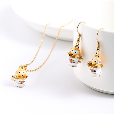 #ad Bill Skinner Cute Tea Cup Animal Necklace And Earrings With Pouch
