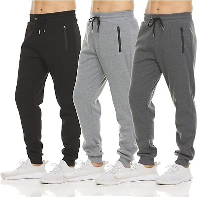 #ad 3 PACK: Men#x27;s Fleece Lined Slim Fit Casual Tech Jogger Sweatpants Zipper Pockets