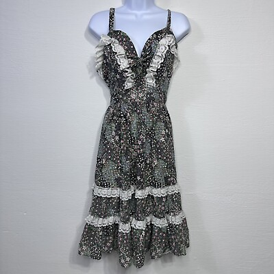 #ad VTG 70s Prairie Dress Boho Peasant Hippie Floral Lace Full Skirt Size 11 M