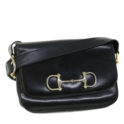 #ad CELINE Shoulder Bag Leather Black Auth bs7529