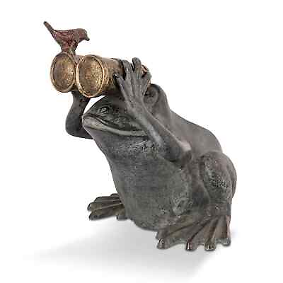 #ad Fantasy Gray Aluminum Whimsy Frog Spectator With Bird Garden Sculpture Decor