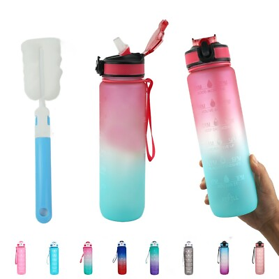 Motivational Water Bottle BPA Free 1L 32oz Jug with Straw and Time Tracker Gym $12.99