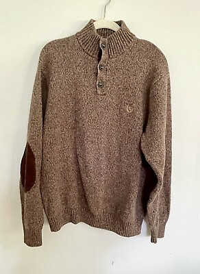 #ad 🌷Mens Chaps Sweater Long Sleeve Brown Size L Large 100% Cotton Elbow Accent