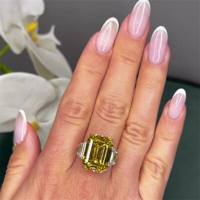 #ad 6ct Emerald Cut Yellow Sapphire Lab Created Engagement Ring 925 Sterling Silver