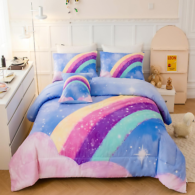 #ad Blue Girls Bedding Set Twin 6Pcs Colorful Rainbow Kids Comforter Set for Girls