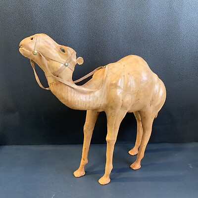 #ad Leather Camel Statue Figure 14” Hand Made Glass Eyes Molded Leather Nativity