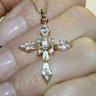 #ad 2.20Ct Baguette Cut Diamond Cross Pendant Necklace 14K Yellow Gold Finish