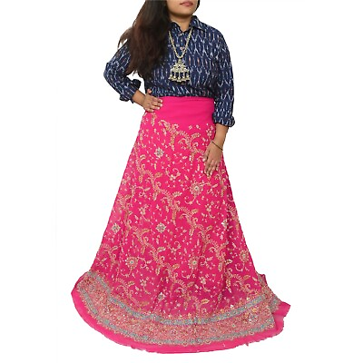 #ad Sanskriti New Pink Long Skirt Pure Georgette Silk Hand Beaded Unstitched Lehenga