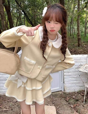 #ad Japanese Sweet Girls Wool Blend Bow Skirt Suits 2pcs Cute Coat Ruffle Skirts New