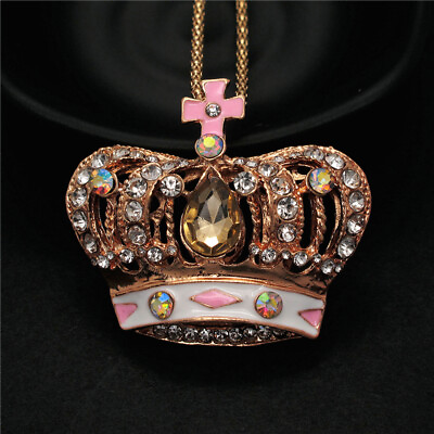 #ad Fashion Women Cute Lady Pink Cross Crown Enamel AB Rhinestone Chain Necklace