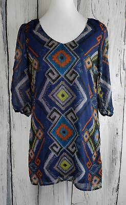 #ad Bebop Ladies Shift Dress Open Sleeves Aztec Print Casual Chiffon Multicolor S